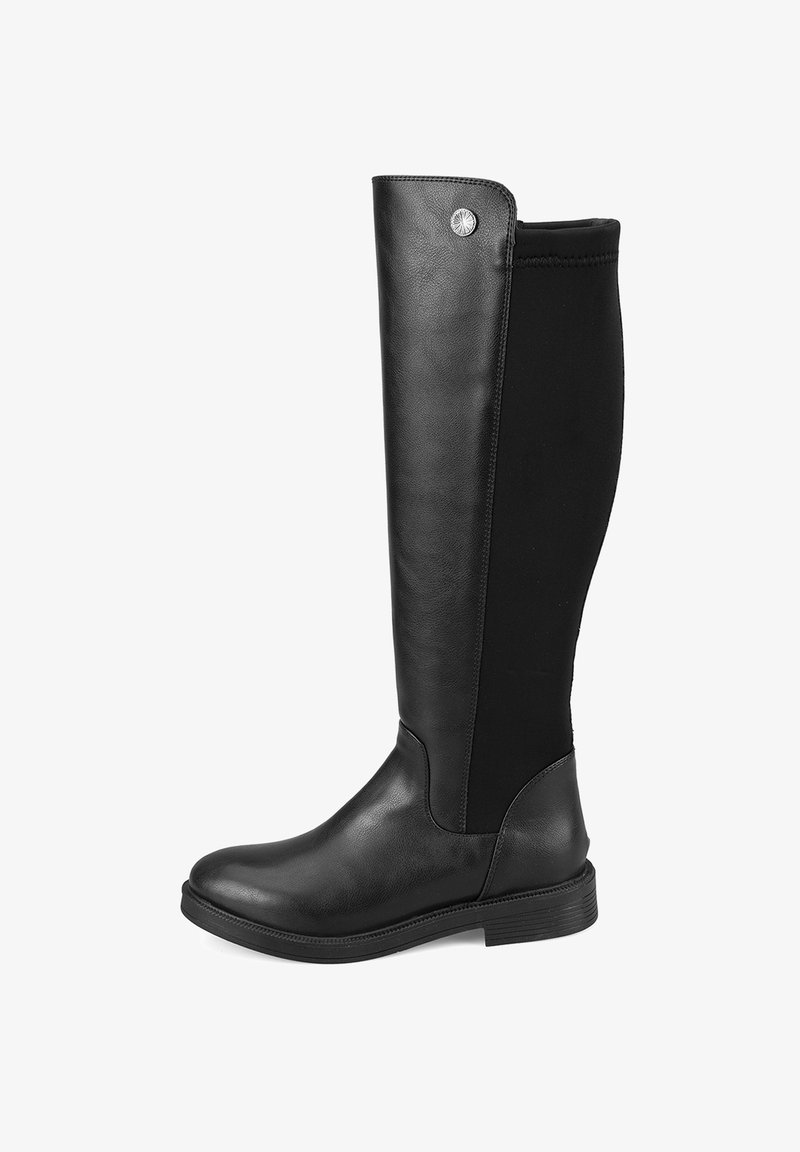 Schwarze knielange Stiefel mit einer Lederfront und einem dehnbaren Stoffrücken, runde Zehen, dezente Logo-Details an der Seite und einer flachen Gummisohle.