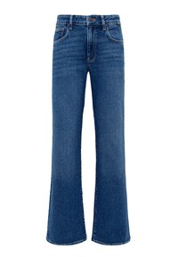 Dark blue denim jeans with a wide-leg cut, high waist, and subtle fading. Features classic five-pocket design and topstitch detailing.