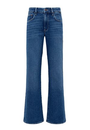 Dunkelblaue Denim-Jeans mit weitem Bein, hoher Taille und subtiler Ausbleichung. Verfügt über ein klassisches fünf-Taschen-Design und Steppnähte.