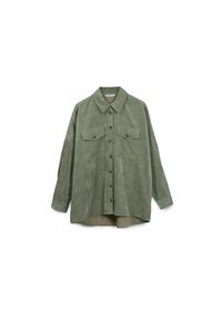 Olive green button-up shirt with two chest pockets, made from soft suede-like material, featuring a straight cut and long sleeves.