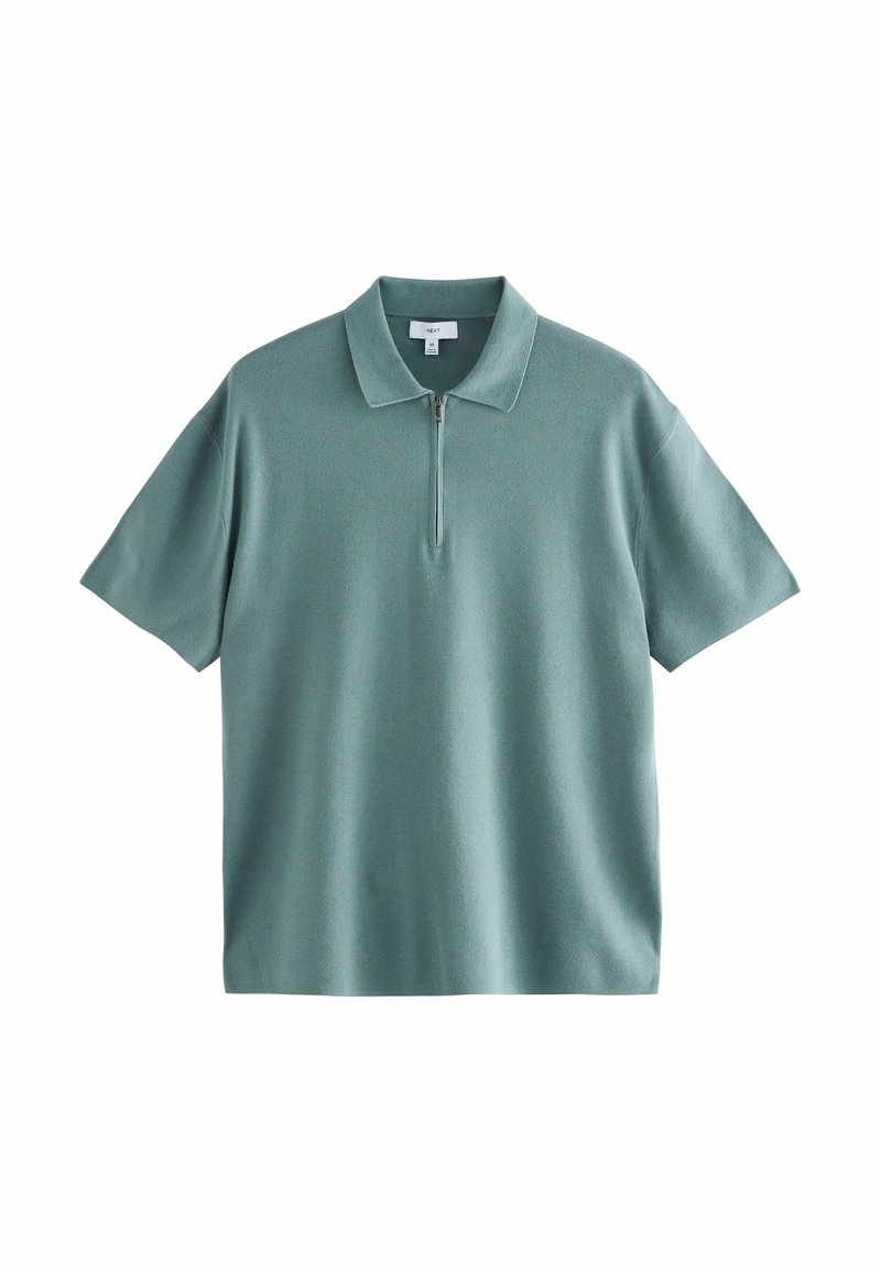Kortærmet polo shirt i en dæmpet teal farve, lavet af tekstureret stof, med en halv lynlås lukning og et klassisk kravedesign.