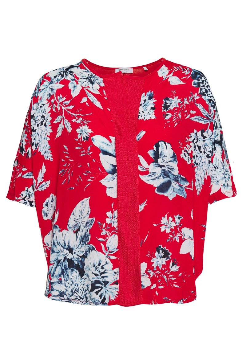 Punainen kukallinen kimono-tyyppinen yläosa, jossa on suuria valkoisia ja sinisiä kukkakuoseja, lyhyet hihat ja avonainen etuosa, jossa on teksturoitu kaula-aukko.