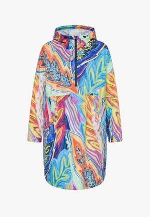 Giacca con cappuccio colorata con motivi astratti a forma di foglia in blu brillante, arancione, rosa, giallo e viola, dotata di cerniera frontale e maniche lunghe.