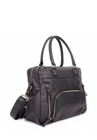 Borsa a tracolla in pelle nera con due manici superiori, una tracolla removibile, numerose tasche con zip e una superficie liscia.