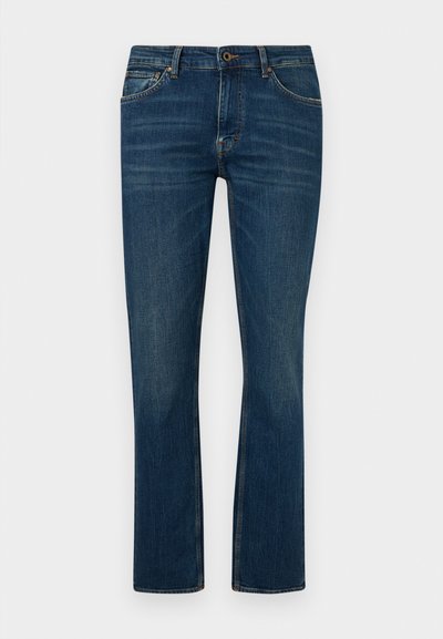 Σκούρο μπλε τζιν παντελόνι με ίσια γραμμή, εμπρός τσέπες, θηλιές για ζώνη, κούμπωμα με κουμπί και ελαφρύ ξεθώριασμα στους μηρούς και τα γόνατα.