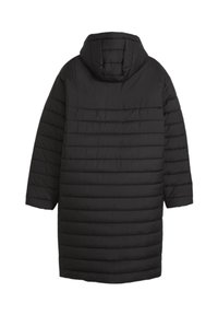 Doudoune noire avec capuche, présentant une silhouette carrée, un motif matelassé horizontal et une coupe mi-longue. Texture lisse.