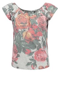 Kwiatowa bluzka z krótkimi rękawami, wykonana z miękkiego, szarego materiału, z wyrazistym wzorem róż w odcieniach różu, czerwieni i zieleni. Okrągły dekolt.
