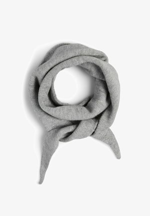 Gray knitted scarf, circular shape, soft texture, features loose ends tied together in a knot, minimalistic design, lightweight fabric.