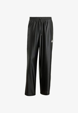 Crne sportske hlače od glatkog, laganog materijala. Imaju elastični pojas s vezicama i bijeli logo sa strane.