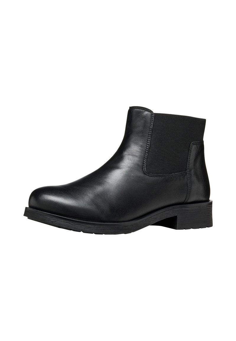 Bottine en cuir noir avec panneaux élastiques sur les côtés, bout rond, petit talon carré et semelle en caoutchouc texturé. Surface lisse avec un design minimaliste.