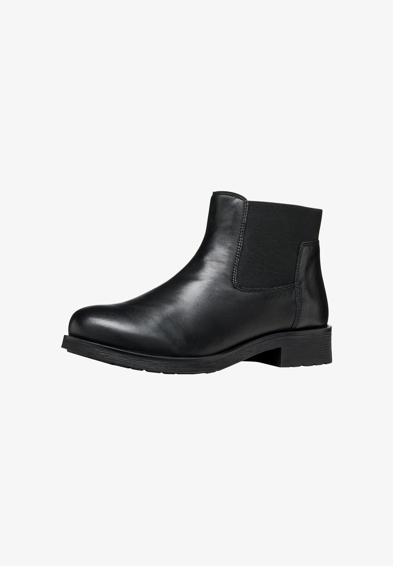 Bottine en cuir noir avec panneaux élastiques sur les côtés, bout rond, petit talon carré et semelle en caoutchouc texturé. Surface lisse avec un design minimaliste.
