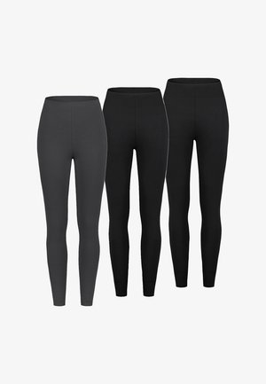Three pairs of leggings in varying shades of gray and black, featuring a smooth texture and a fitted design with a high waistband.