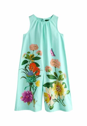 Svetlomodré šaty bez rukávov s výraznou kvetinovou výšivkou v rôznych farbách, doplnené o zelené listy a motýliku.