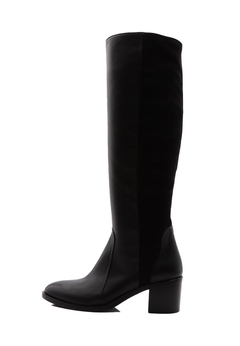 Botas negras hasta la rodilla con un acabado de cuero suave, tacón cuadrado y diseño sin costuras, que destacan un estilo minimalista.