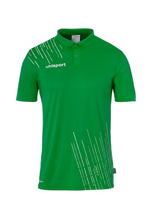 Grünes Kurzarm-Poloshirt mit weißen diagonalen Streifenmustern und „uhlsport“-Logo auf der linken Brust.