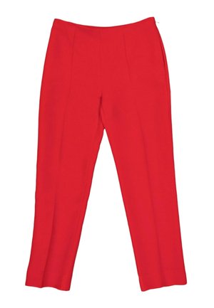 Pantalones rojos a medida con corte de pierna recta y bolsillos laterales, mostrados sobre un fondo blanco.