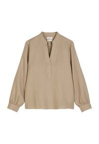 Beige Bluse mit langen Ärmeln und V-Ausschnitt sowie gerafften Ärmelbündchen, aus einem leichten Stoff mit glatter Textur.