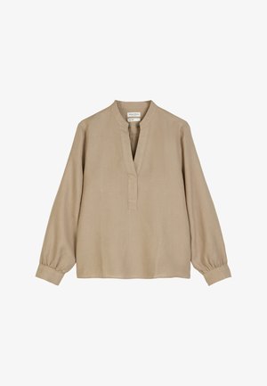 Bluză bej cu mânecă lungă, decolteu în V și manșete strânse la mânecă, realizată dintr-un material ușor cu o textură netedă.