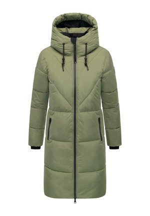 Olijfgroene pufferjack met een capuchon, voorzien van een rits aan de voorkant, twee zijzakken met rits en elastische manchetten. Getextureerd geborduurd ontwerp.