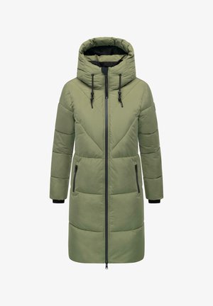 Olijfgroene pufferjack met een capuchon, voorzien van een rits aan de voorkant, twee zijzakken met rits en elastische manchetten. Getextureerd geborduurd ontwerp.