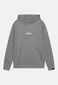 Hoodie gris en tissu doux, avec une poche kangourou à l'avant, des poignets côtelés et un logo blanc sur la poitrine.