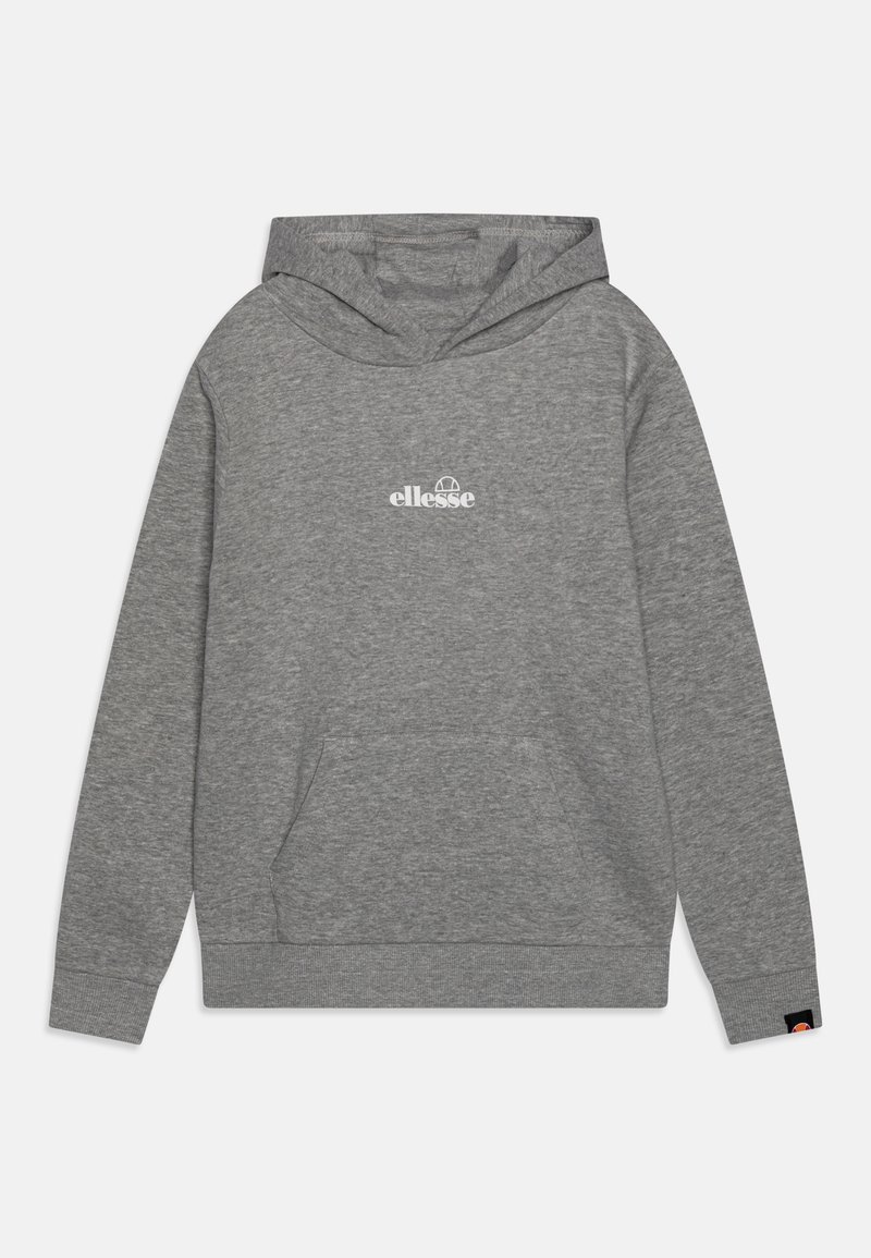 Pilka mikropluošto hoodie su priekinėmis kengūros kišenėmis, susiūtomis antgaliais ir baltu logotipu ant krūtinės.