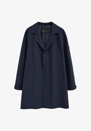 Abrigo azul marino de un solo pecho con solapa de muesca, tres botones delanteros, bolsillos laterales y puños con botones.
