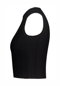 Black ribbed halter crop top with a fitted design, featuring wide armholes and textured fabric, highlighting vertical seam details.