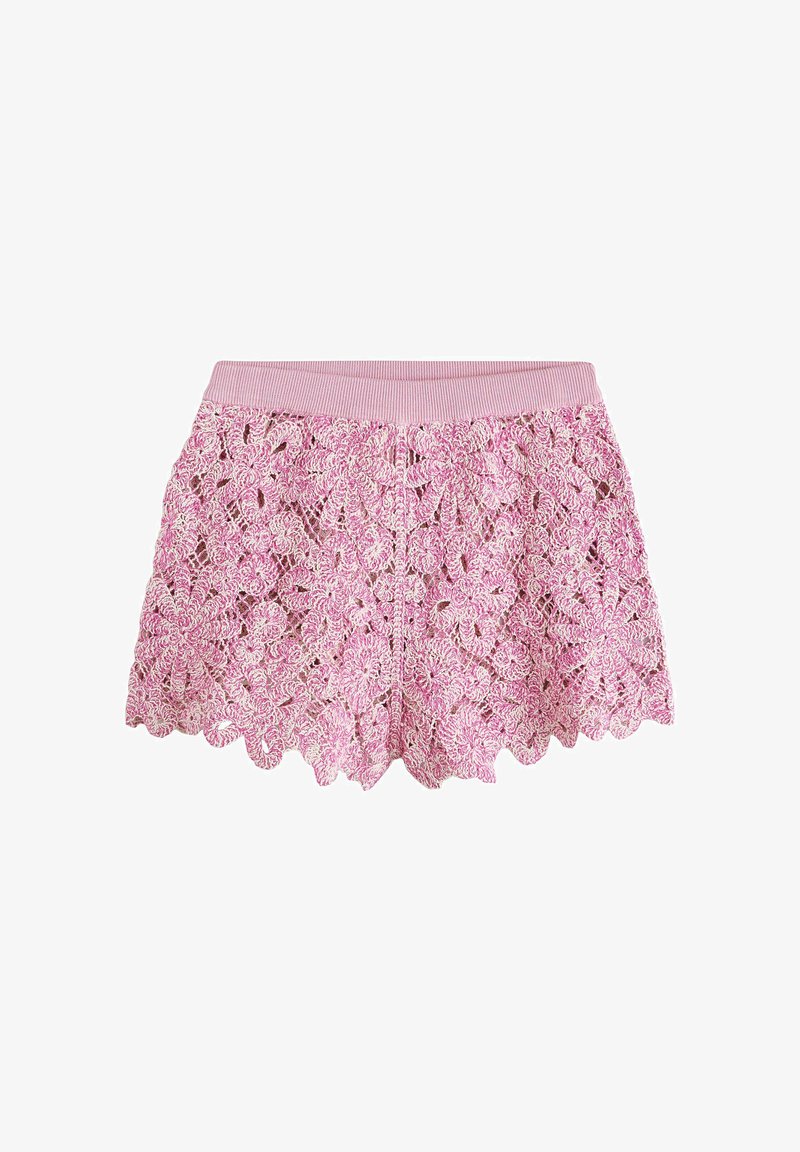 Rozā ziedu tamborēti mežģīņu šorti ar viļņotu apakšu un ribotu vidukļa joslu.