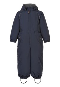Jumpsuit acolchado de color azul marino con capucha; cuenta con bolsillos con cremallera, puños elásticos y aperturas elásticas en las piernas con lazos para mayor seguridad.
