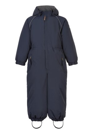 Mörkblå vadderad jumpsuit med huva; har fickor med dragkedja, elastiska manschetter och elastiska benslut med öglor för extra säkerhet.