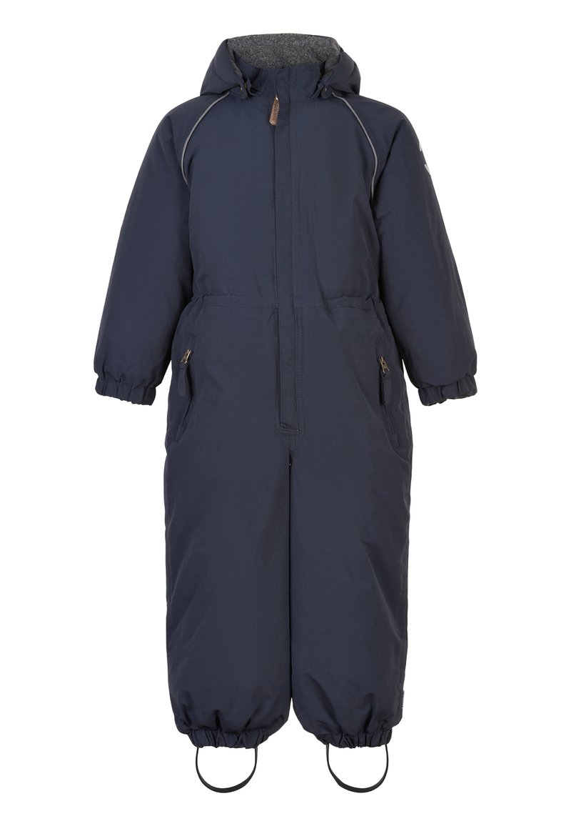 Jumpsuit acolchado de color azul marino con capucha; cuenta con bolsillos con cremallera, puños elásticos y aperturas elásticas en las piernas con lazos para mayor seguridad.