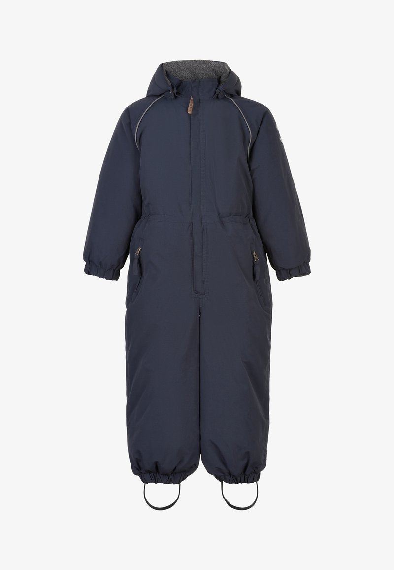 Mörkblå vadderad jumpsuit med huva; har fickor med dragkedja, elastiska manschetter och elastiska benslut med öglor för extra säkerhet.