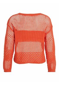 Orange stickad tröja med en lös, öppen stickning och stora och små hål i ett randigt mönster. Långa ärmar och rundad halsringning.