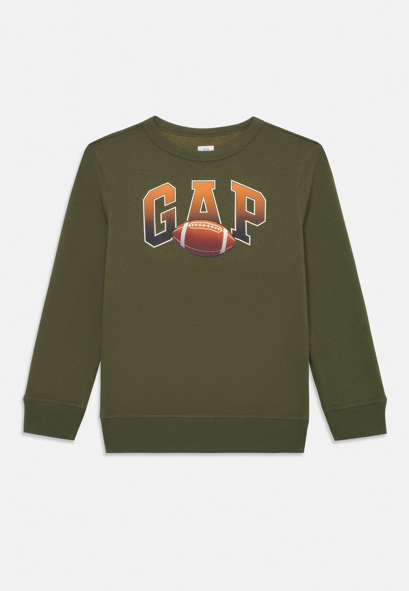 Felpa verde oliva con grande logo "GAP" e grafica di un pallone da calcio, con polsini e orlo a coste, realizzata in tessuto morbido.