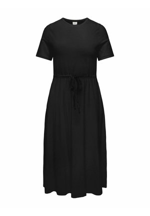 Must lühikeste varrukatega midi kleit ümmarguse dekolteega ja reguleeritava vöökoharibaga, valgel taustal.