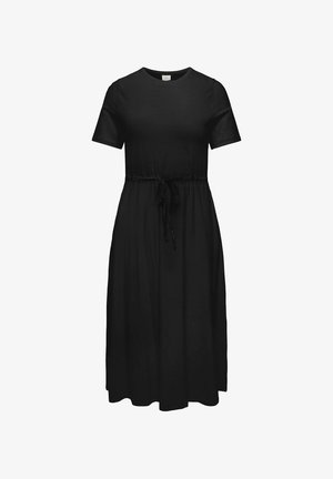 Musta lyhythihainen midimekko pyöreällä pääntiellä ja säädettävällä vyönauhalla vyötäröllä, esitetty valkoisella taustalla.