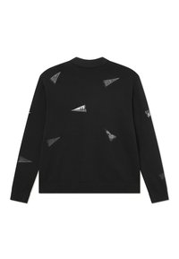 Pulover negru tricotat cu guler rotund, având modele triunghiulare gri împrăștiate pe spate, cu mansete și tiv cu dungi.