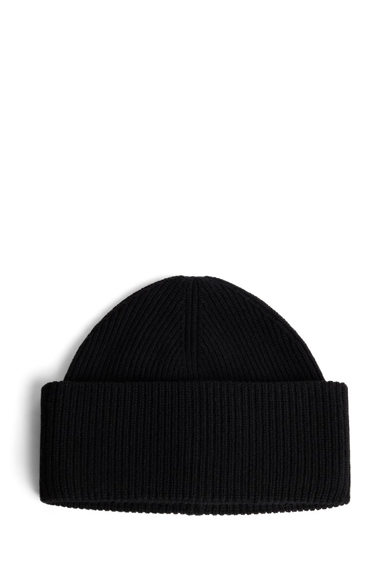 Black knitted beanie with a ribbed texture, featuring a folded cuff and a rounded top, designed for warmth and comfort.