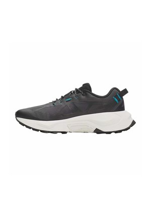 Black athletic sneaker with white thick sole, mesh and synthetic upper, black and blue laces, and heel pull tab with blue stitching accents.