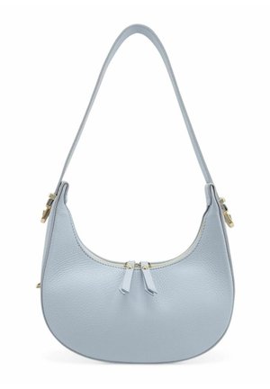 Sac à main en cuir bleu clair avec une forme courbée, une sangle courte et une fermeture à double zip avec des tirettes en cuir assorties.