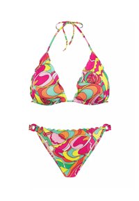 Kolorowy zestaw bikini z trójkątnym topem i dołem zawiązywanym z boku, wykonany z teksturowanej tkaniny z żywym, wirującym wzorem w kolorze różowym, zielonym i żółtym.