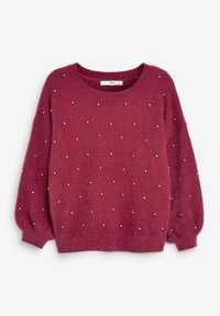 Flauschiger kastanienbrauner Pullover mit runden silbernen Verzierungen, breite Ausschnittform, lange Puffärmel sowie gerippte Bündchen und Saum.