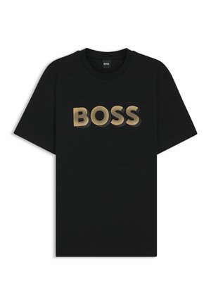Black cotton t-shirt featuring bold, textured gold "BOSS" logo on the front. Short sleeves and a round neckline with a standard fit.