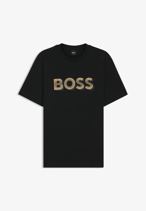 Musta puuvillainen t-paita, jossa on rohkea, tekstuurilla varustettu kultainen "BOSS" -logo edessä. Lyhyet hihat ja pyöreä kaula-aukko sekä normaali istuvuus.