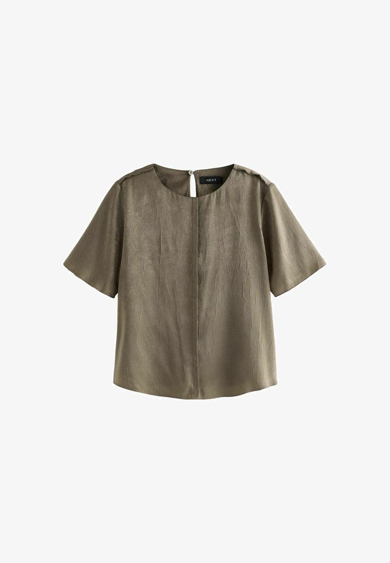 Koszulka z krótkim rękawem w oliwkowym kolorze, z okrągłym dekoltem, subtelną fakturą, z zapięciem na plecach w kształcie klucza oraz luźnym krojem.