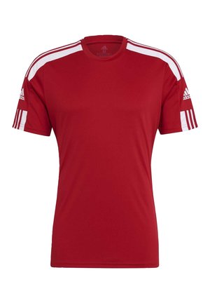 T-shirt sportivo rosso realizzato in tessuto leggero. Presenta righe bianche diagonali sulle spalle e un abbinato design a tre righe sulle maniche.