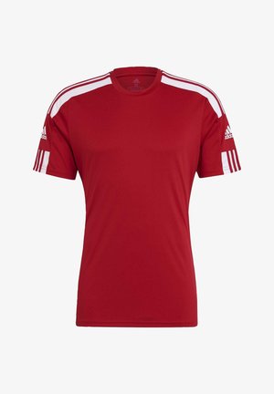 Rotes Sport-T-Shirt aus leichtem Stoff. Mit weißen diagonalen Streifen auf den Schultern und passendem Drei-Streifen-Design an den Ärmeln.
