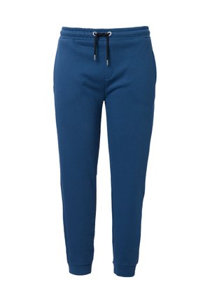 Pantalones deportivos azules confeccionados en una tela suave, con cinturilla elástica y cordones, piernas ajustadas y puños acanalados en los tobillos.