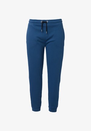 Pantalones deportivos azules confeccionados en una tela suave, con cinturilla elástica y cordones, piernas ajustadas y puños acanalados en los tobillos.